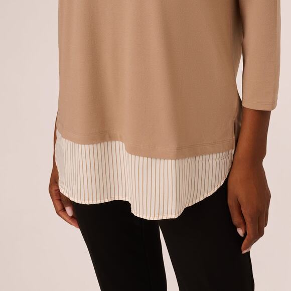 Adrianna Papell Three Quarter Sleeve Sweater Tan Ivory Stripe Top NWT Size L - Picture 4 of 5